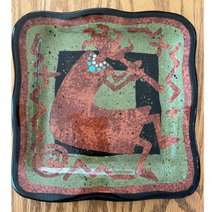 90s ROB SANDERS POTTERY Square Plate Abstract Native w/ Necklace 8"